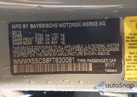 2015 Mini Hardtop Cooper z USA, uszkodzony, nr VIN WMWXS5C58FT830081
